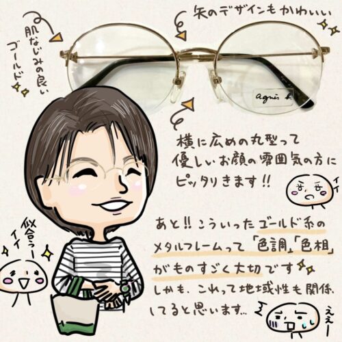オーバルタイプの眼鏡女子　ブルベ　イエベ　優しい顔の人に似合う眼鏡イラスト